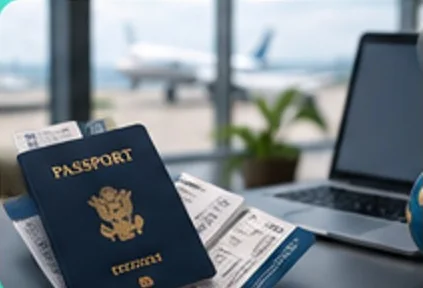 Passport, travel papers, laptop and globe at an airport
