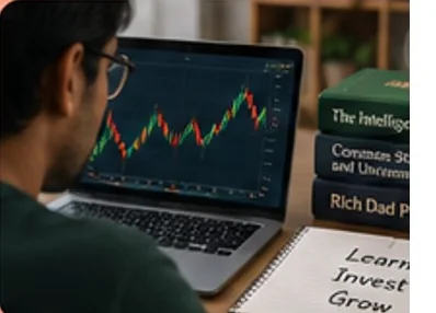 Student studying a stock market chart on a laptop