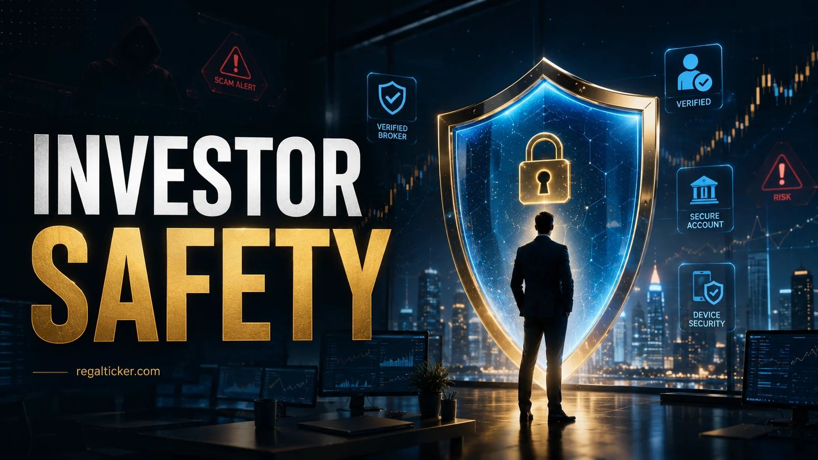 Investor protected by a digital security shield while reviewing scam alerts, verified brokers, secure accounts and stock-market risk