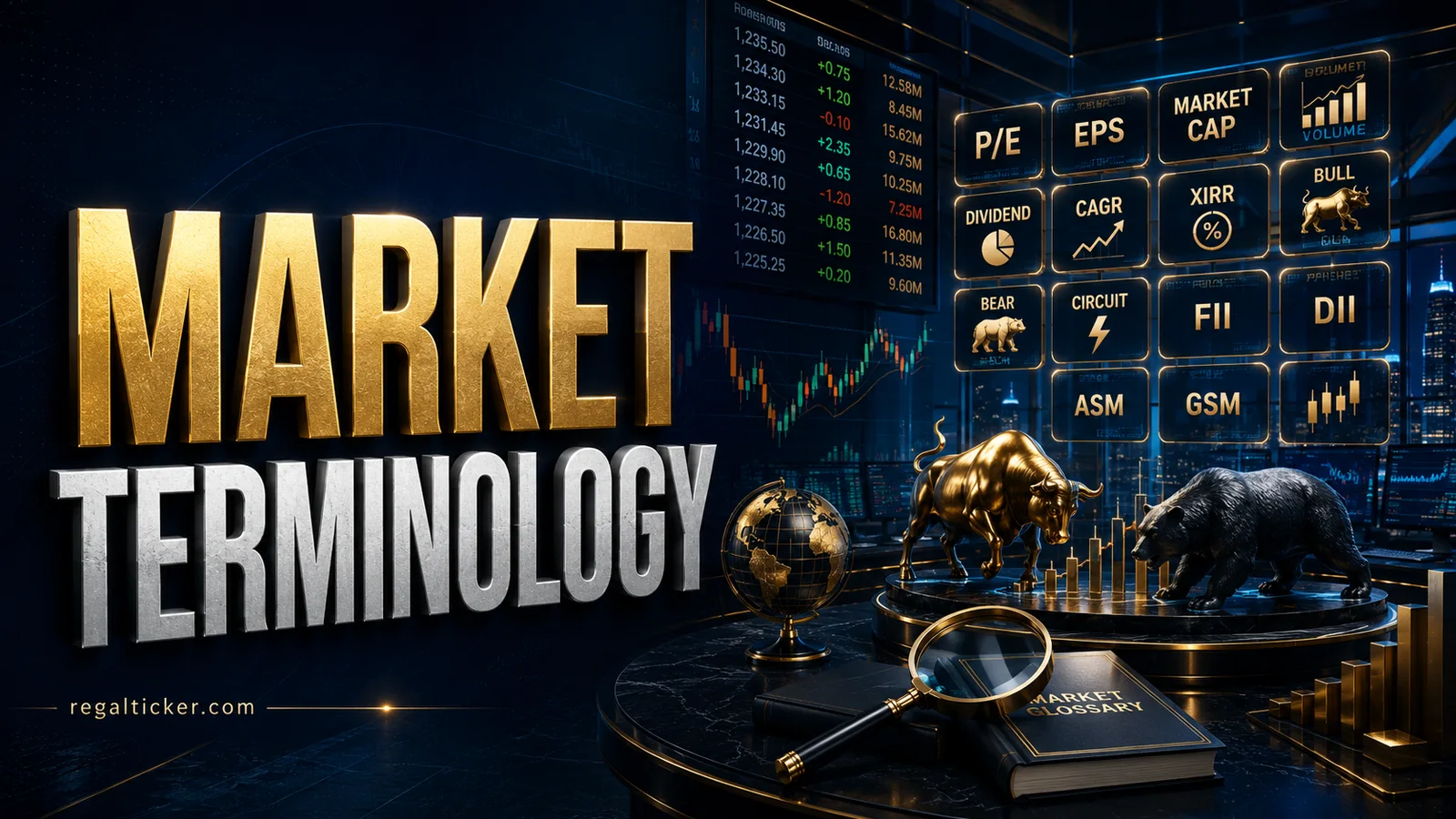 Investor decoding Indian stock market terminology across stock quotes, returns, valuation, institutional flows, circuits and exchange surveillance terms