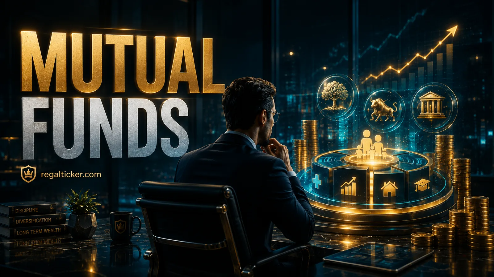 Investor reviewing a diversified mutual fund portfolio with long-term goals, market growth and pooled investment choices