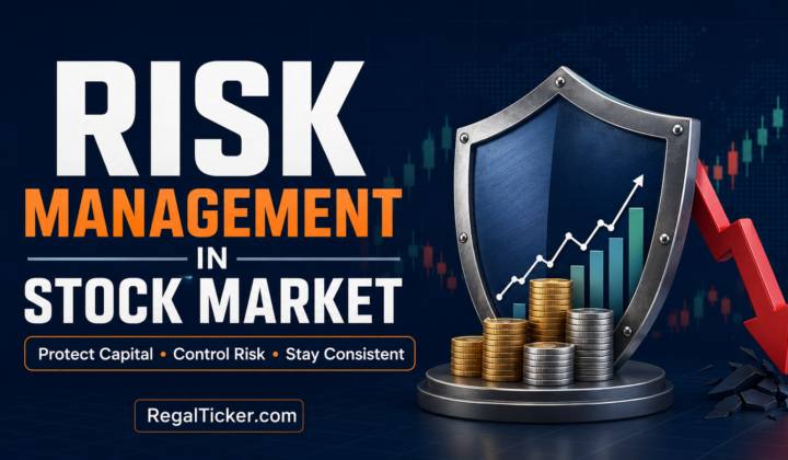 Risk management in stock market showing a shield protecting capital from a market decline