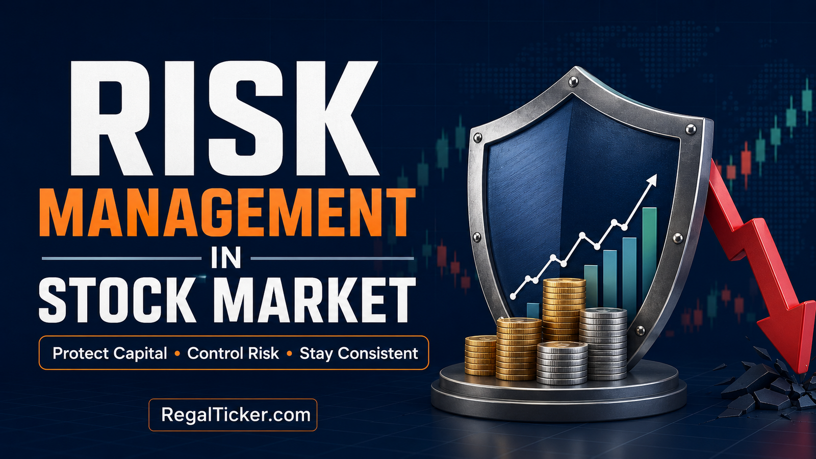 Risk management in stock market showing a shield protecting capital from a market decline