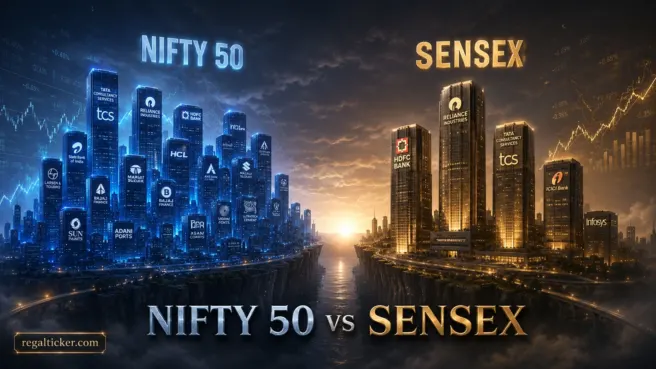 NIFTY 50 vs SENSEX cinematic comparison showing India’s two major benchmark indices.