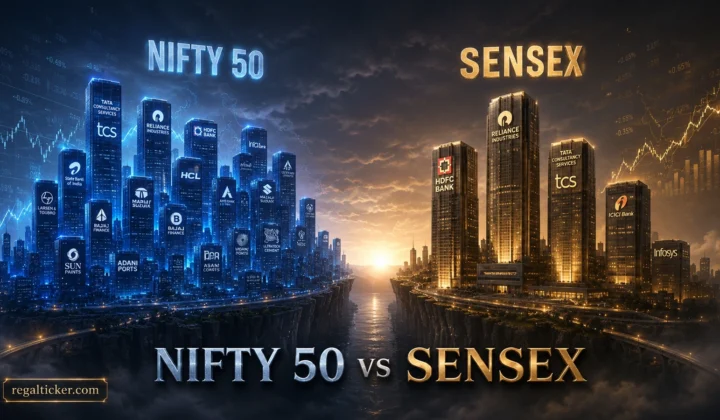 NIFTY 50 vs SENSEX cinematic comparison showing India’s two major benchmark indices.