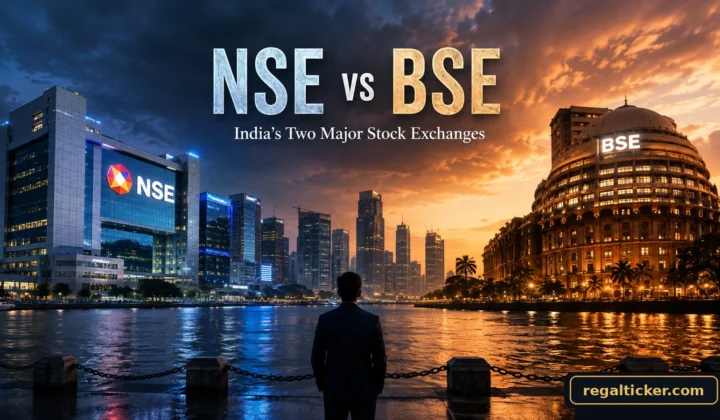 NSE vs BSE comparison showing India’s two major stock exchanges in a cinematic Mumbai financial-market scene.