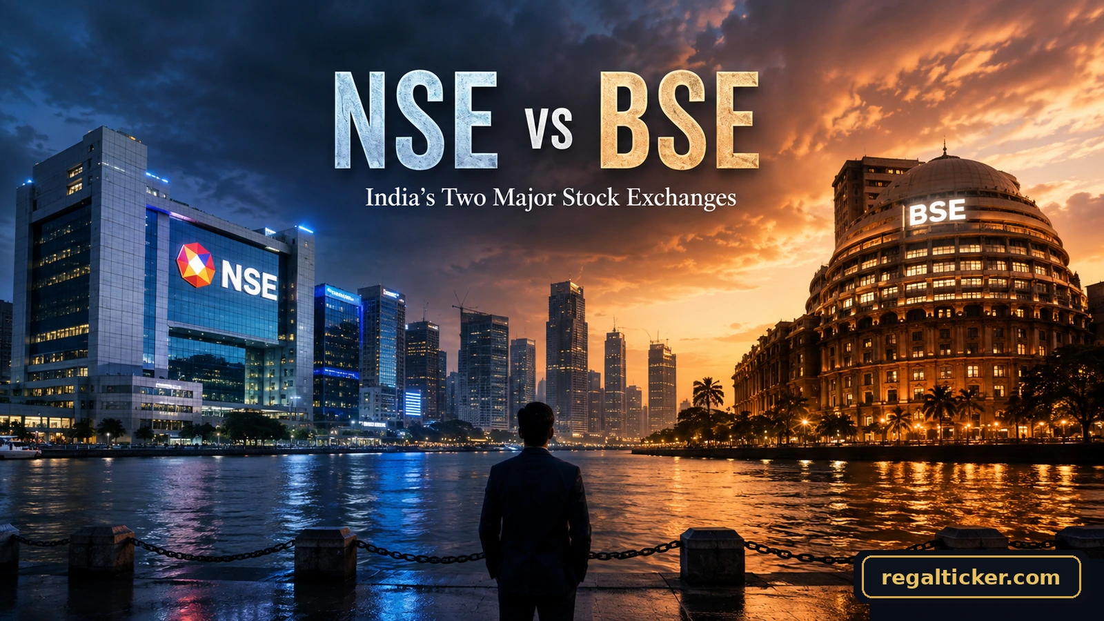 NSE vs BSE comparison showing India’s two major stock exchanges in a cinematic Mumbai financial-market scene.