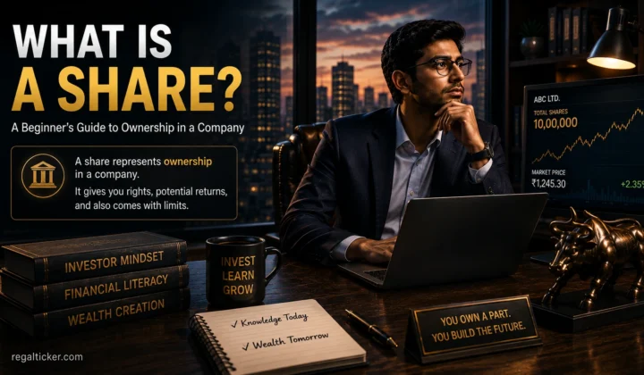 What is a share explained through a cinematic investor scene showing company ownership, investment learning and the idea that buying shares means owning part of a business.