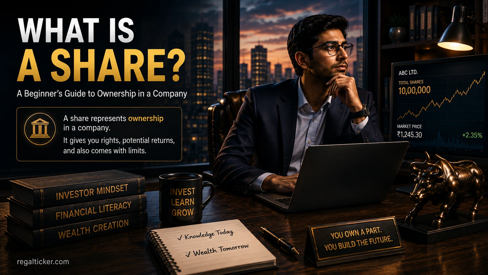 What is a share explained through a cinematic investor scene showing company ownership, investment learning and the idea that buying shares means owning part of a business.