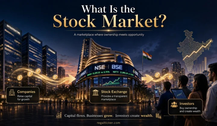 What is the stock market explained through a cinematic Indian market scene showing companies raising capital, a stock exchange providing the marketplace, and investors creating wealth.