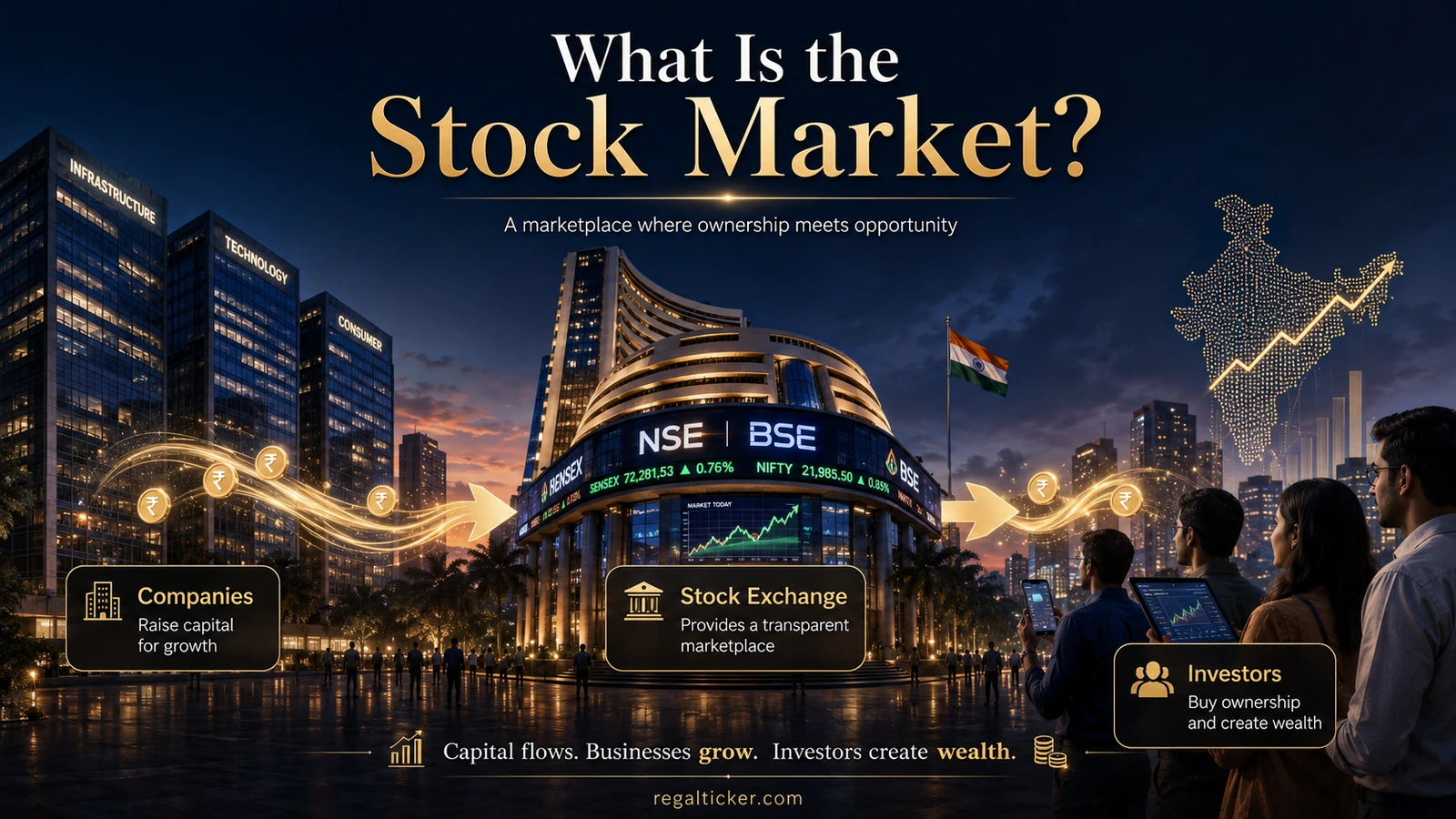 What is the stock market explained through a cinematic Indian market scene showing companies raising capital, a stock exchange providing the marketplace, and investors creating wealth.