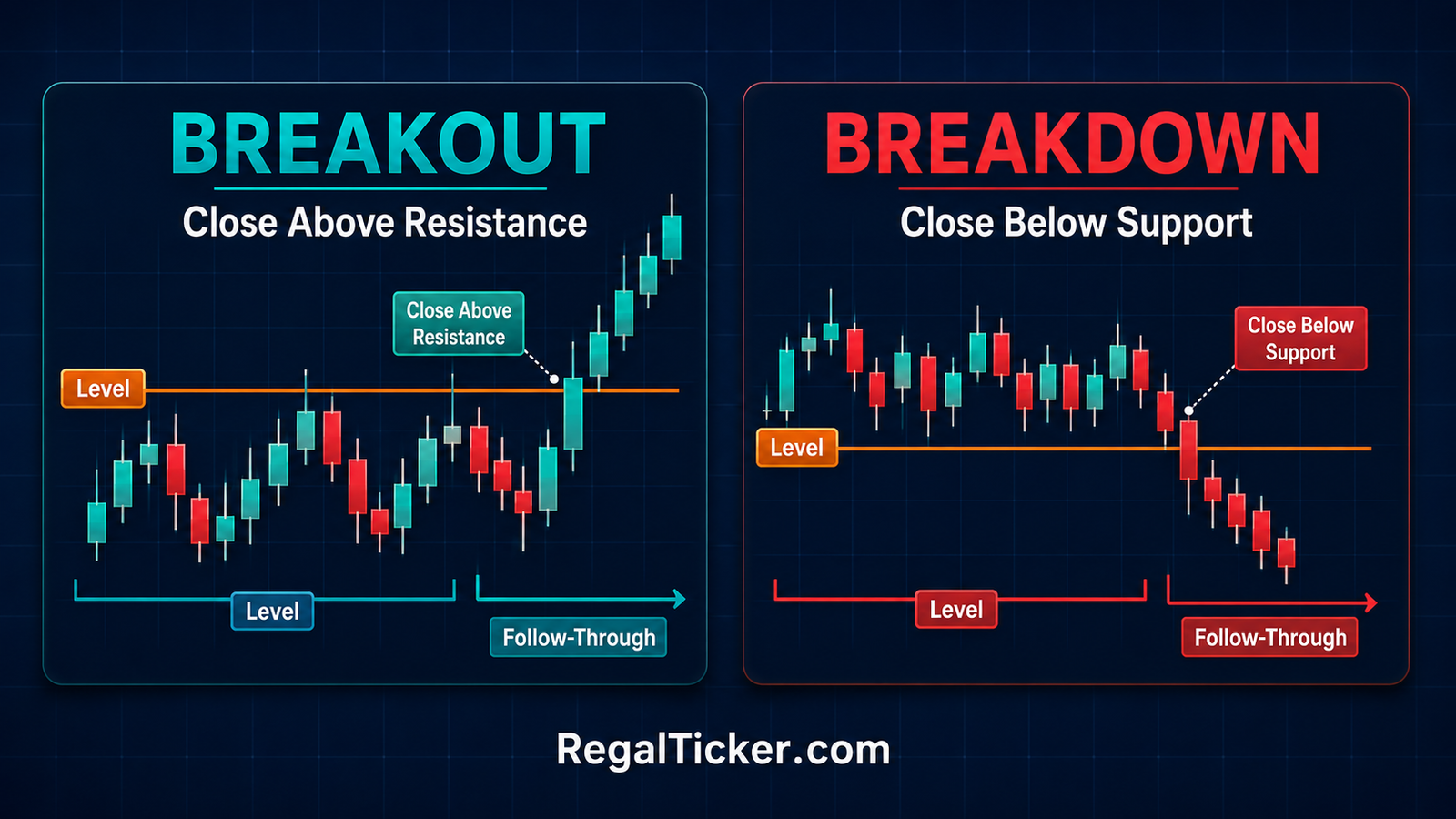 Breakout and breakdown in stock market showing closes above resistance and below support