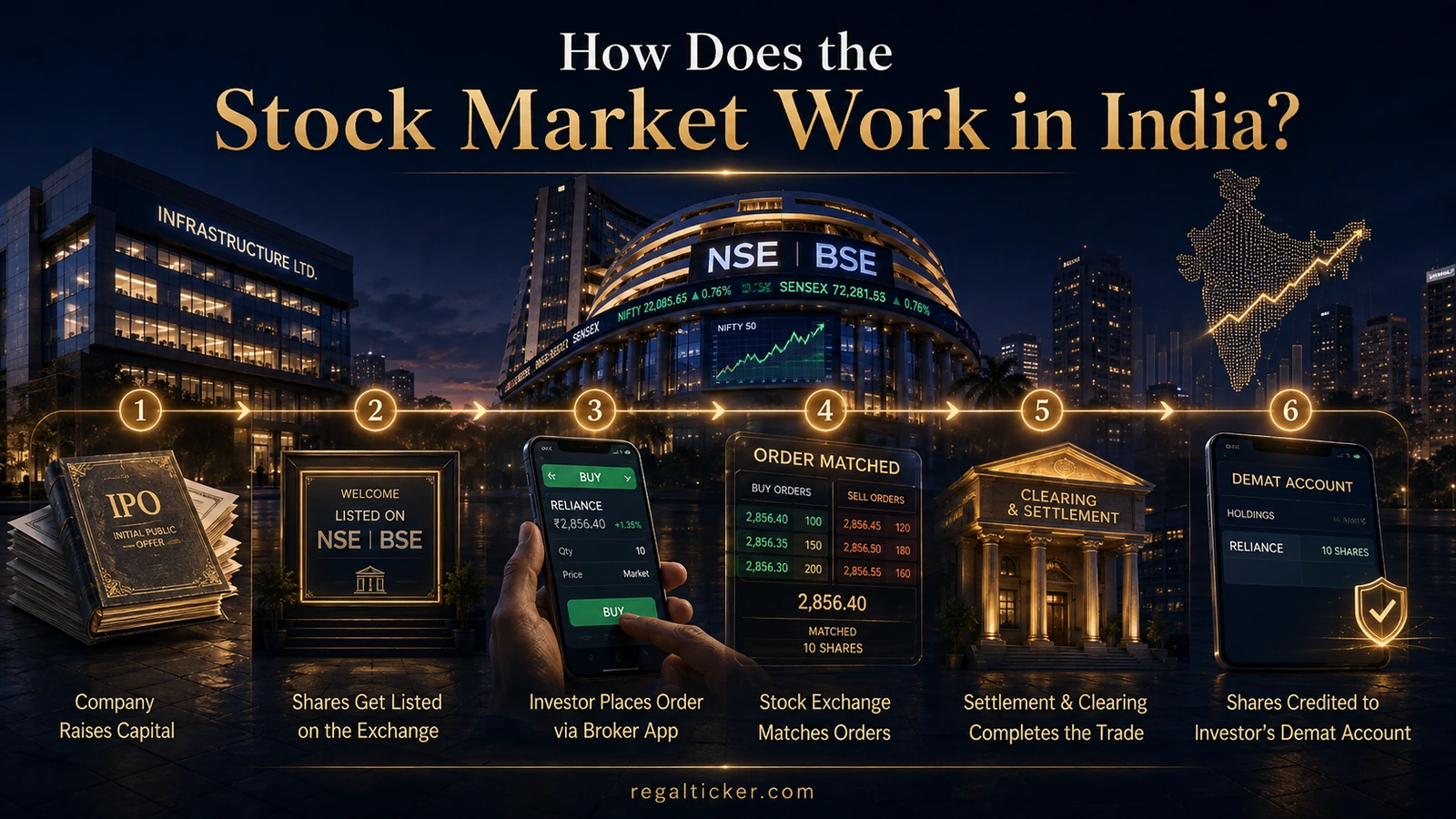 Step by step explanation of how the stock market works in India, from a company raising capital and listing shares to investor orders, exchange matching, settlement, and shares credited to a Demat account.
