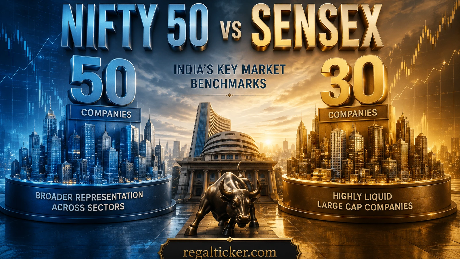 NIFTY 50 vs SENSEX comparison showing 50 companies in NIFTY 50 and 30 companies in SENSEX with broader versus more concentrated benchmark representation.