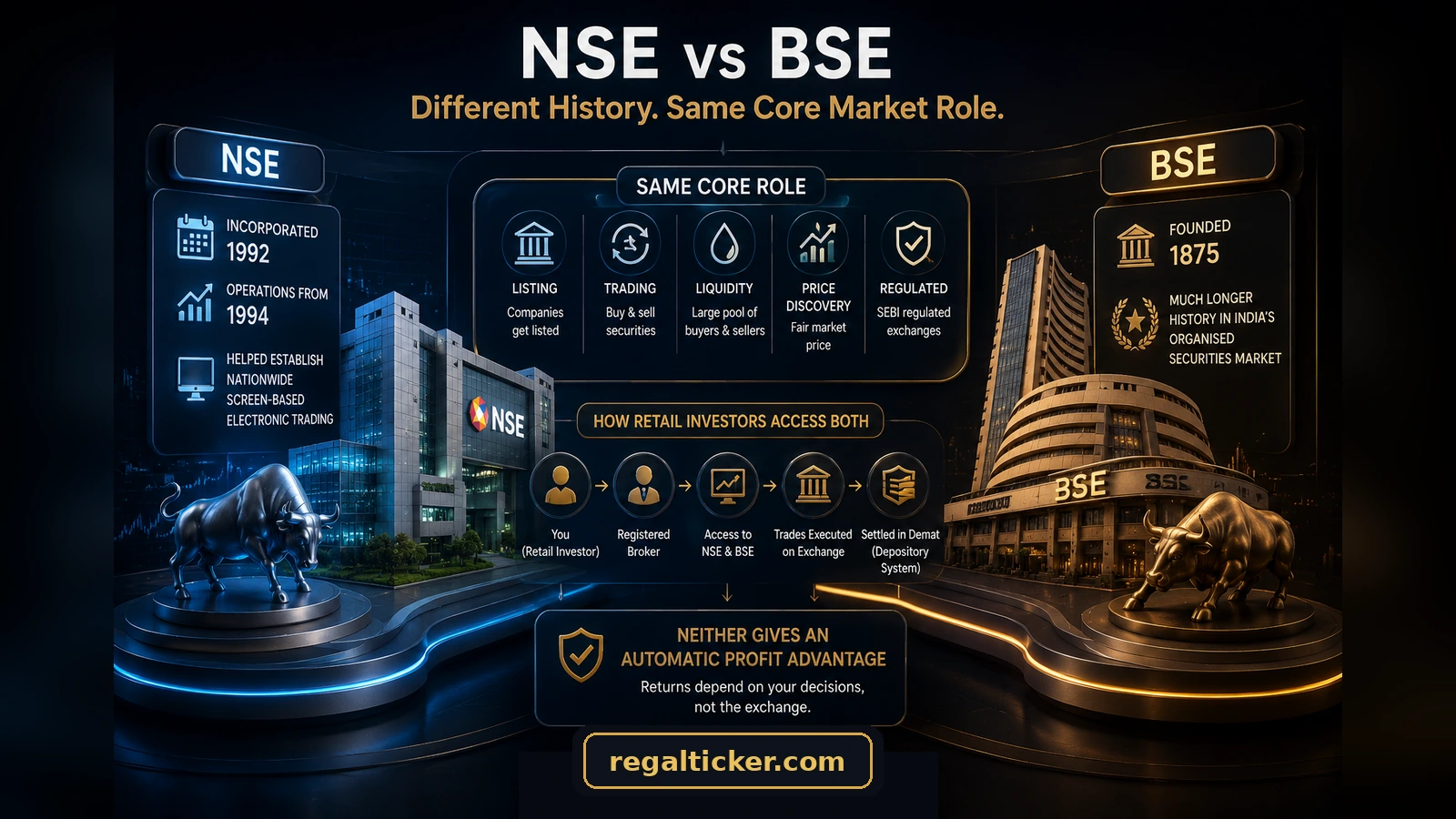 NSE vs BSE comparison showing their different histories, shared roles in listing, trading, liquidity and price discovery, and how retail investors access both through a registered broker and demat system.