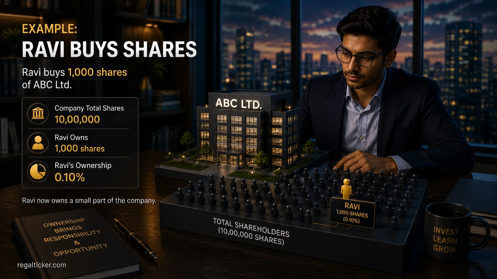 Ravi ownership example showing 1,000 shares out of 10,00,000 total company shares, equal to 0.10 percent ownership in the company.