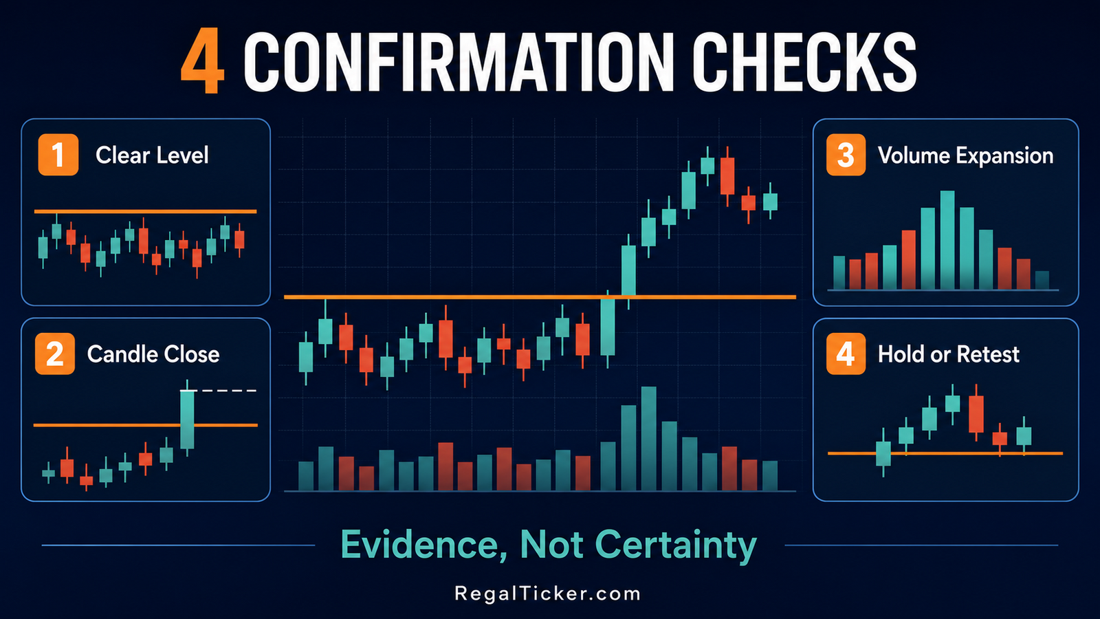 Four breakout confirmation checks using level candle close volume and retest