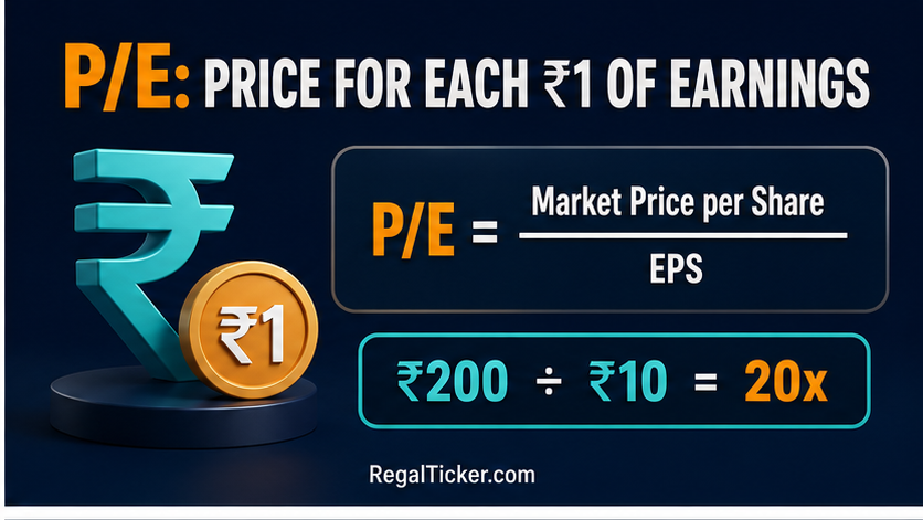 P/E ratio formula with share price of ₹200 and EPS of ₹10 giving 20 times
