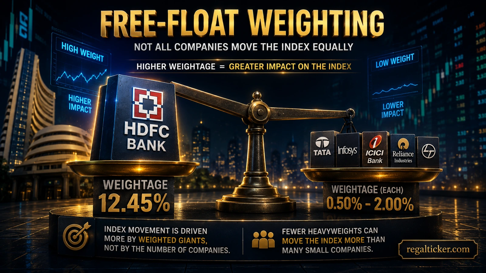 Free-float weighting illustration showing a heavyweight company having greater influence on an index than several smaller-weight companies.