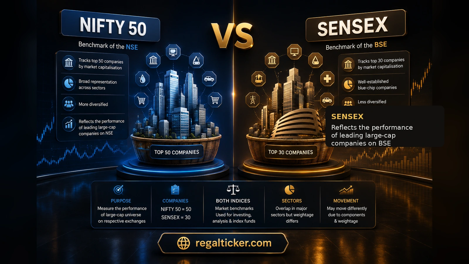 NIFTY 50 vs SENSEX comparison showing NIFTY 50 as the NSE benchmark of 50 companies and SENSEX as the BSE benchmark of 30 companies.