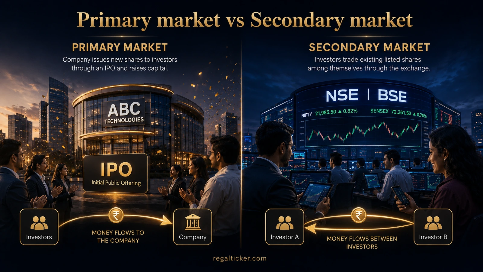 Primary market vs secondary market comparison showing that companies raise capital through an IPO in the primary market, while investors trade existing listed shares among themselves in the secondary market.