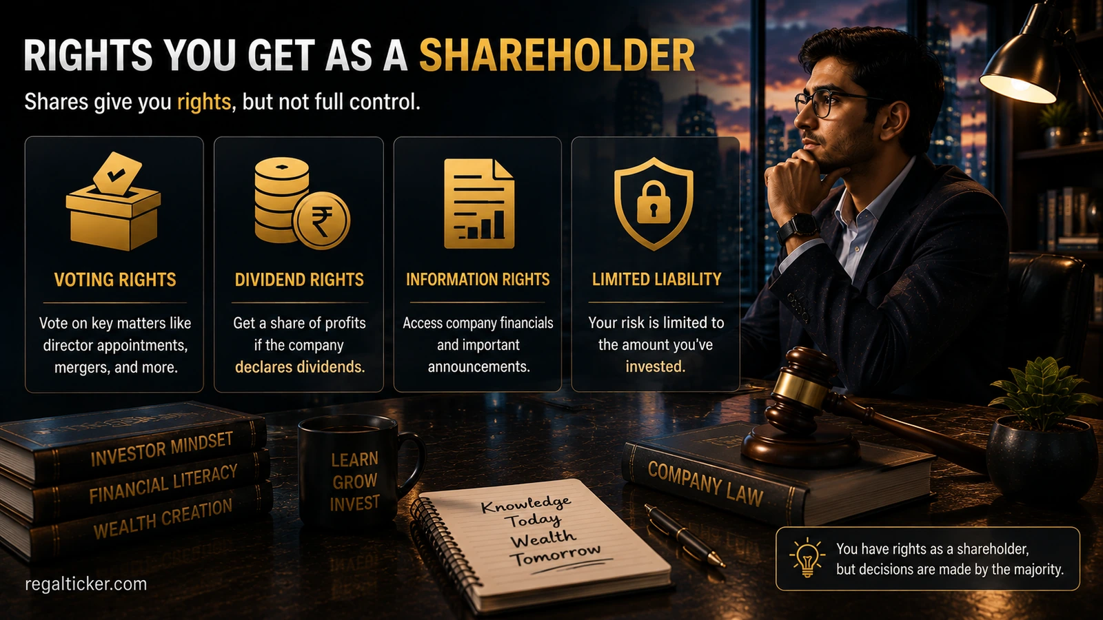 Shareholder rights and limits explained through voting rights, dividend rights, access to company information and limited liability.