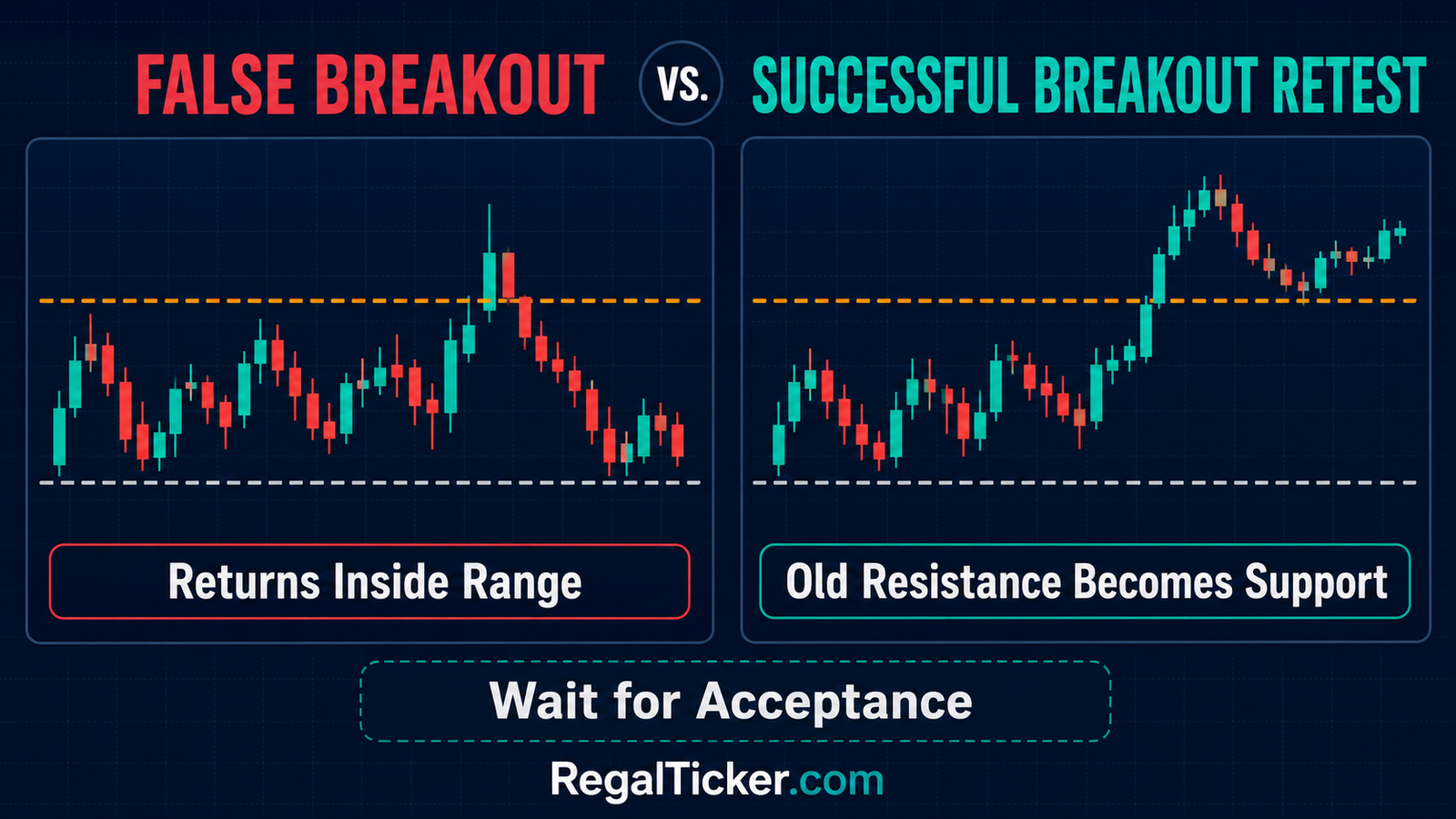 False breakout compared with successful breakout retest holding above resistance