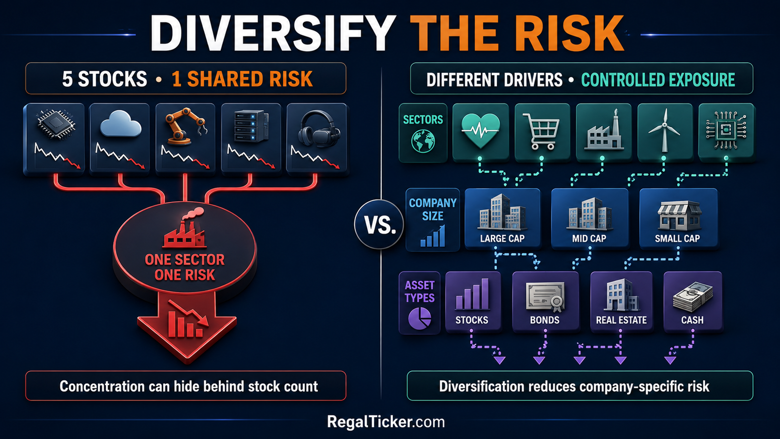 Portfolio diversification compared with hidden concentration in shared stock market risks