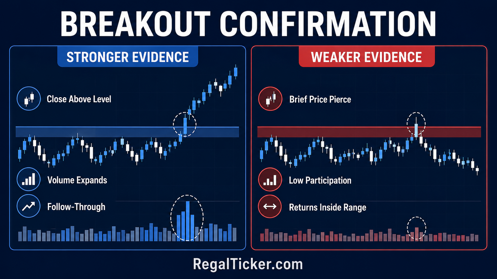 High-volume breakout compared with a low-volume false breakout