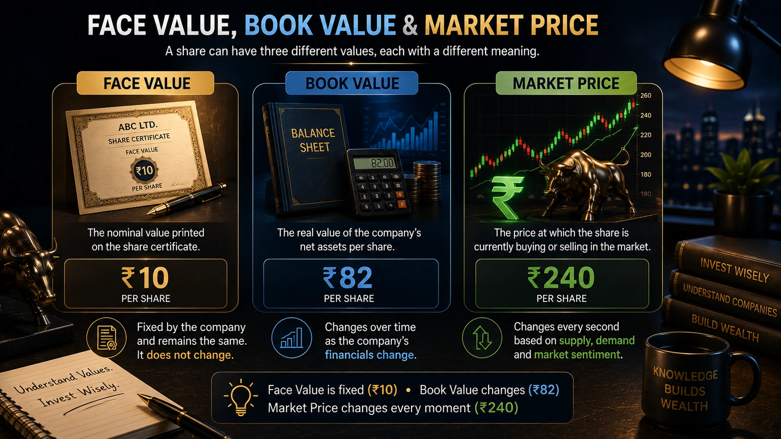 Face value, book value and market price compared using the article example of ₹10 face value, ₹82 book value and ₹240 market price per share.