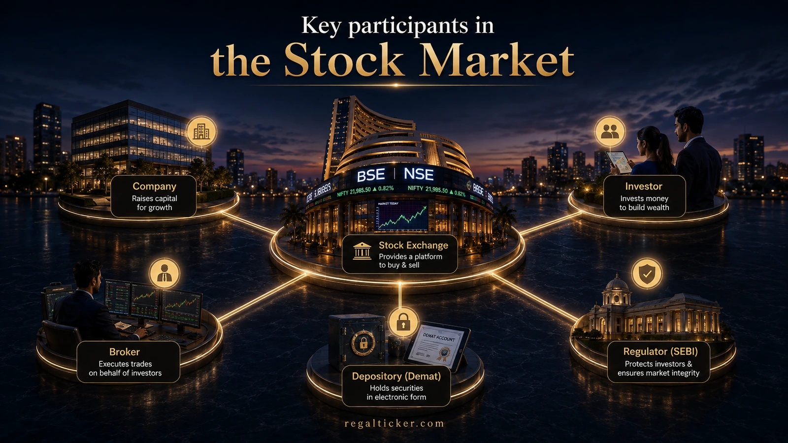 Key participants in the stock market shown as a connected ecosystem including company, investor, broker, stock exchange, depository, and regulator SEBI.