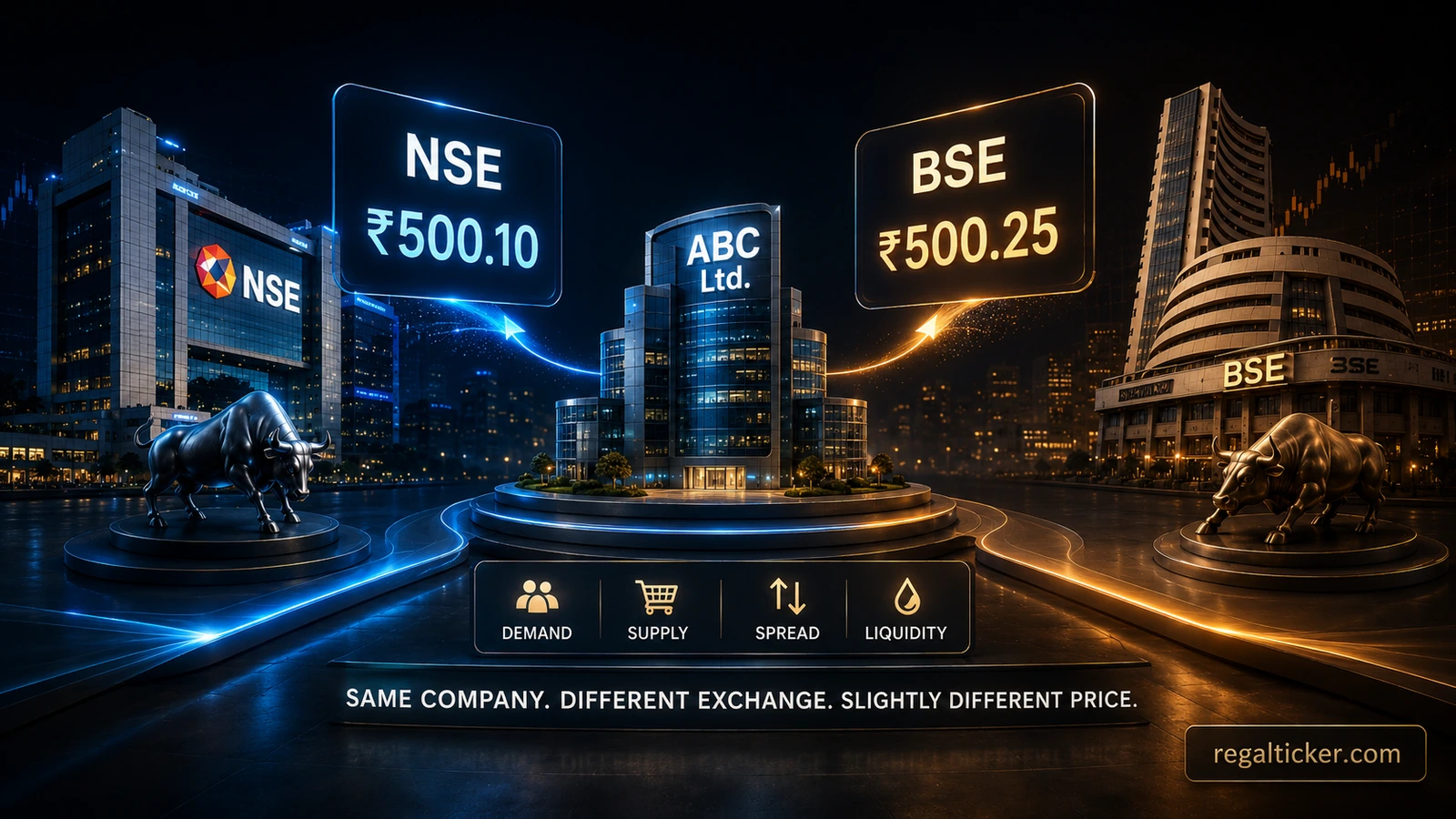 ABC Ltd share price comparison showing NSE at ₹500.10 and BSE at ₹500.25, illustrating how the same share can have a small real-time price difference across exchanges due to demand, supply, spread and liquidity.