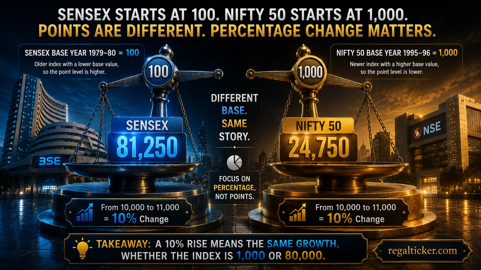 SENSEX and NIFTY 50 base-value comparison showing why percentage change matters more than raw index point levels.