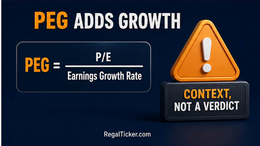 PEG ratio formula dividing P/E by earnings growth rate with context warning