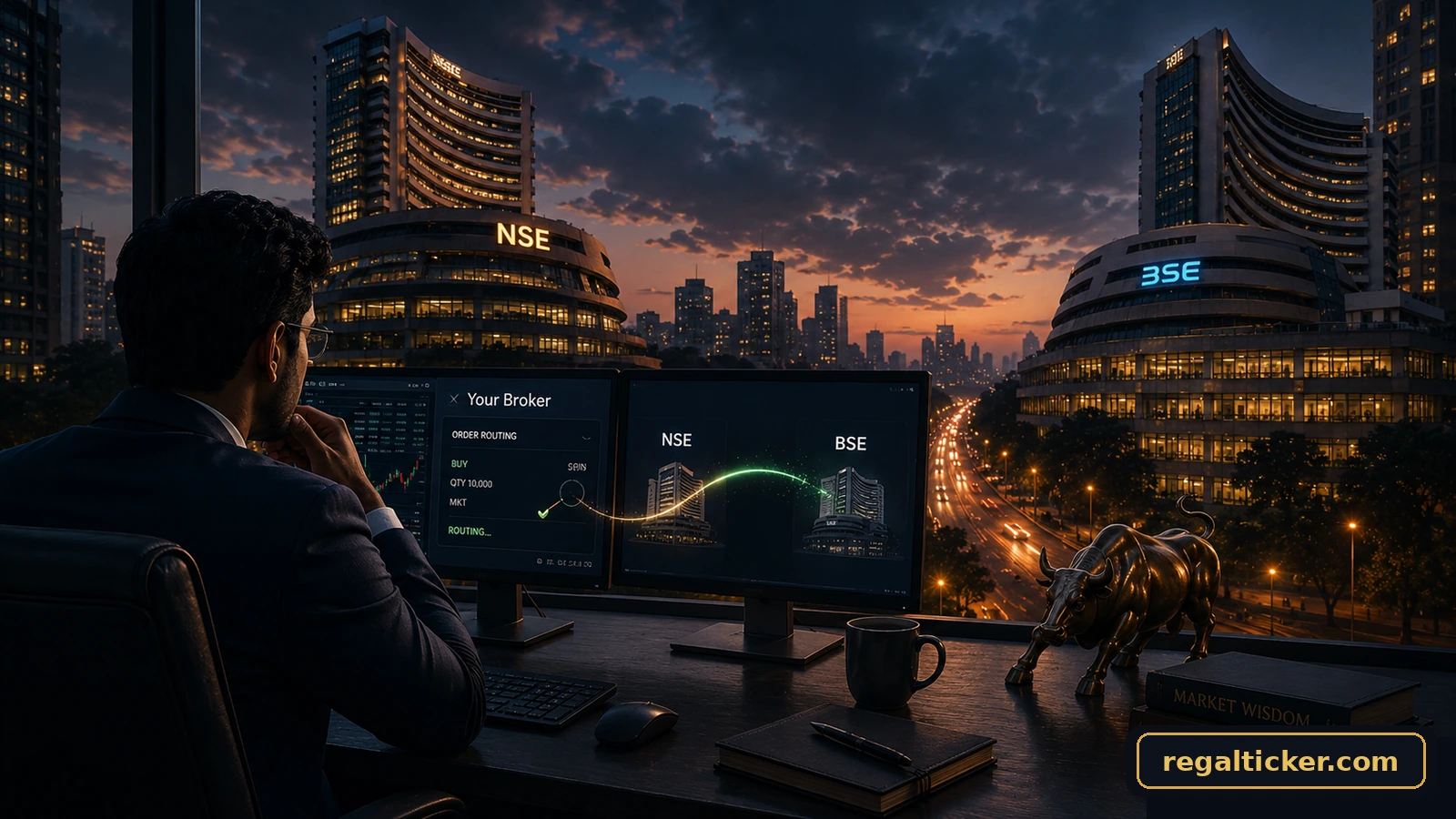 Broker order routing between NSE and BSE showing how an investor’s order can be routed based on price, liquidity, spread and execution quality.