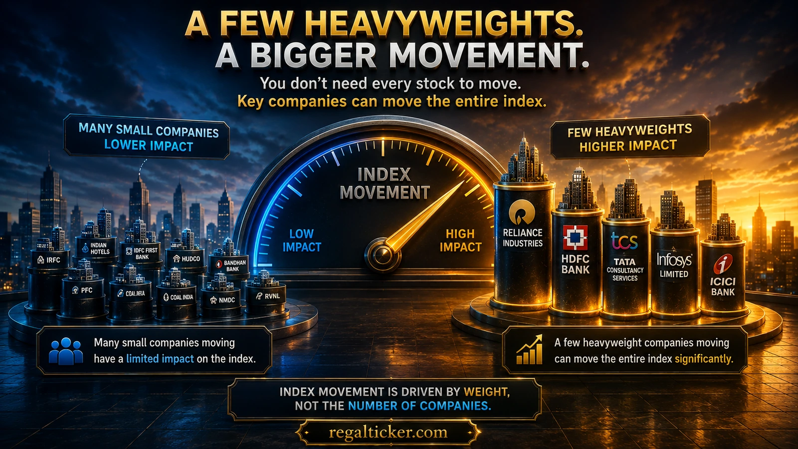 Index movement illustration showing how a few heavyweight companies can move NIFTY 50 or SENSEX more than many smaller constituents.