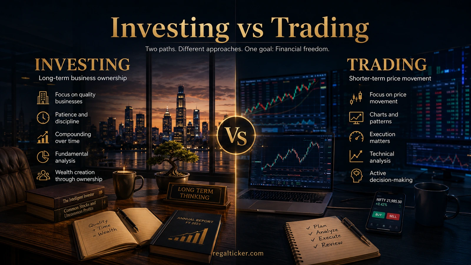 Investing vs trading comparison showing long-term business ownership and wealth creation through investing versus shorter-term price-movement decisions through trading.