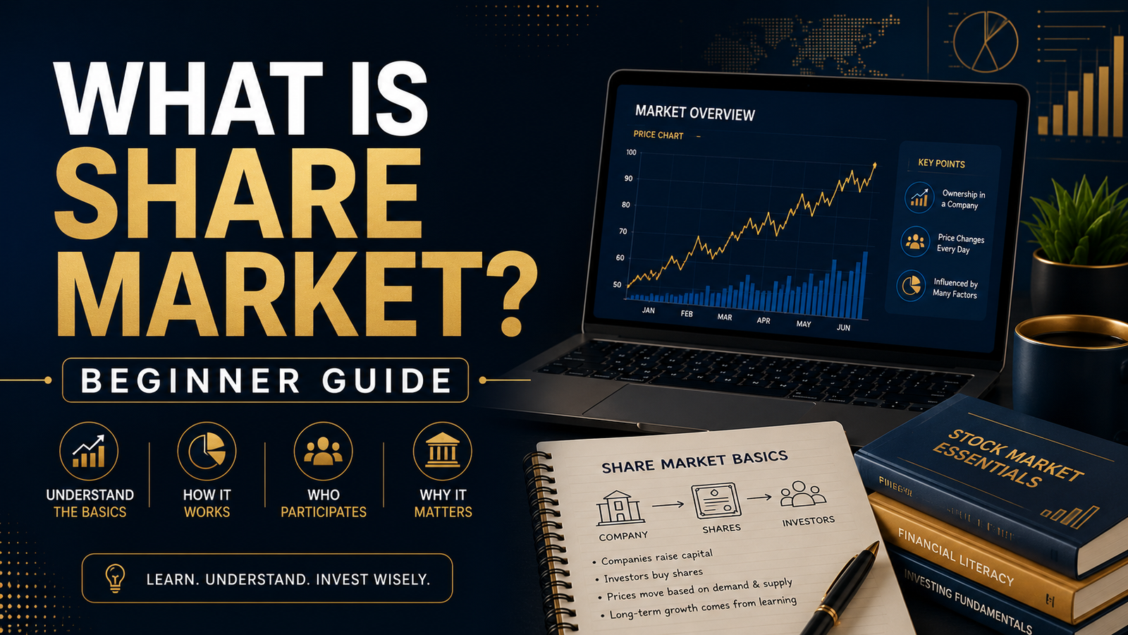 Stock market beginner guide with chart, laptop, notebook and learning concept