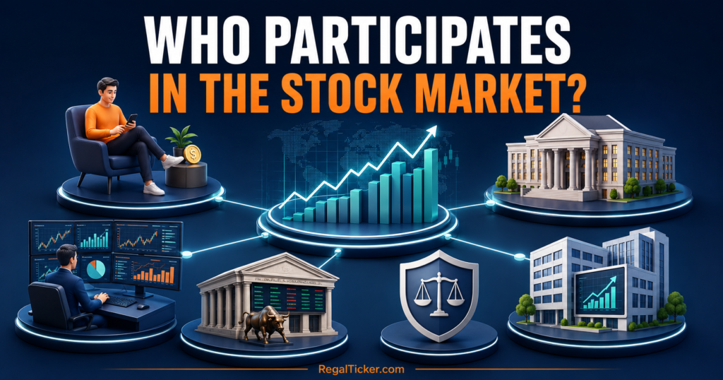 Who participates in the stock market ecosystem including investors, companies, brokers, exchanges and regulators