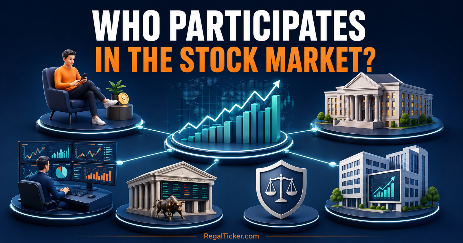Who participates in the stock market ecosystem including investors, companies, brokers, exchanges and regulators