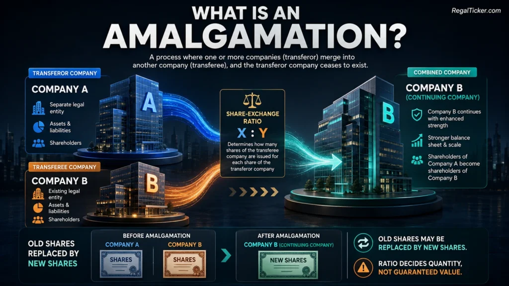 Amalgamation of two companies into one combined company showing transferor company, transferee company, share-exchange ratio and shareholder outcome