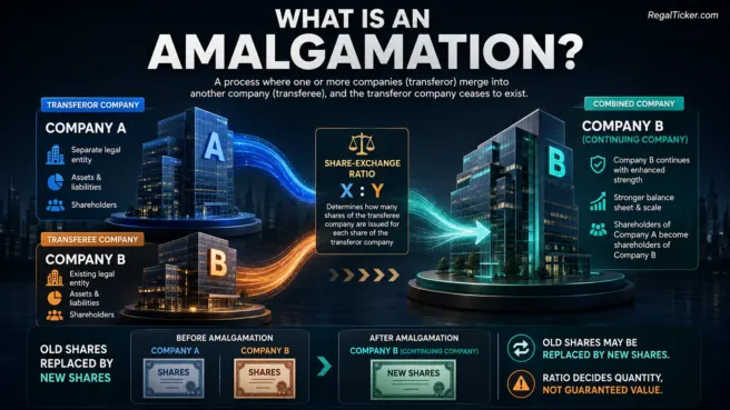 Amalgamation of two companies into one combined company showing transferor company, transferee company, share-exchange ratio and shareholder outcome