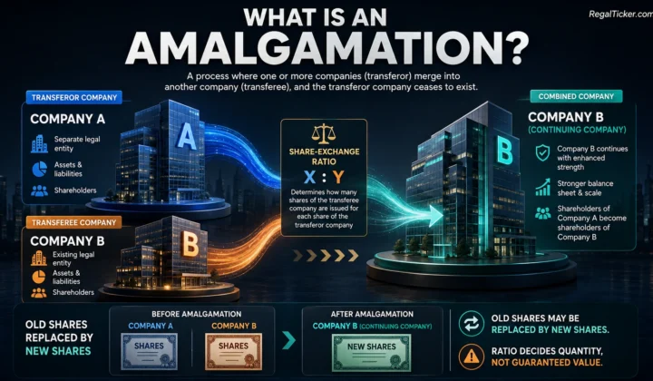 Amalgamation of two companies into one combined company showing transferor company, transferee company, share-exchange ratio and shareholder outcome