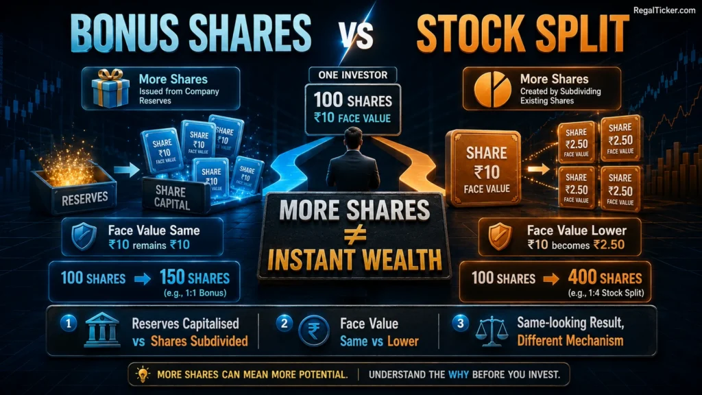 Bonus shares vs stock split comparison showing two different corporate actions that both increase share count but affect face value and company reserves differently
