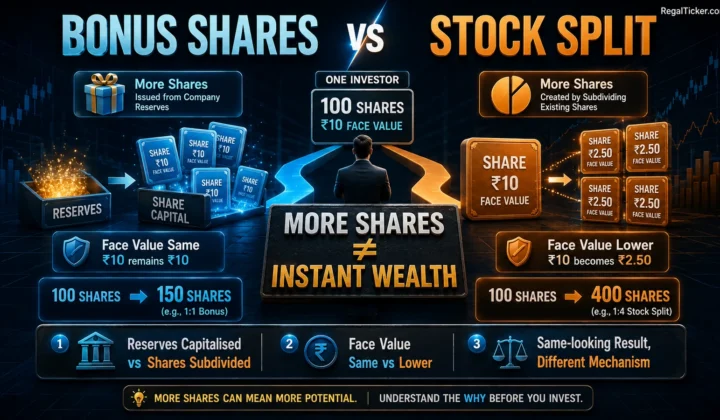 Bonus shares vs stock split comparison showing two different corporate actions that both increase share count but affect face value and company reserves differently