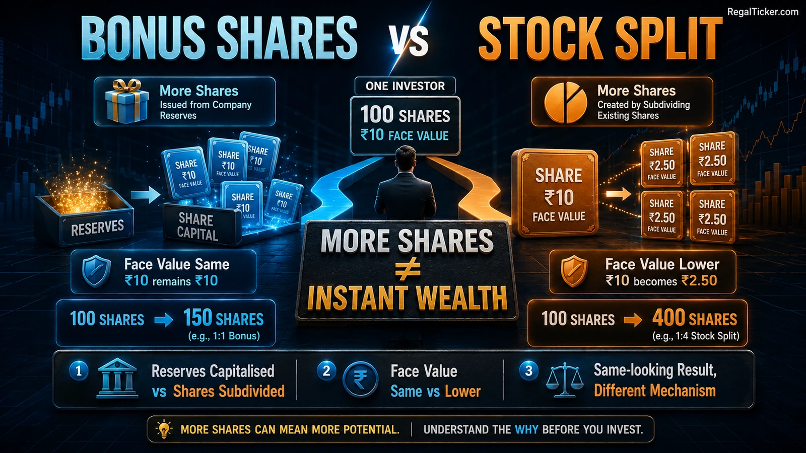 Bonus shares vs stock split comparison showing two different corporate actions that both increase share count but affect face value and company reserves differently