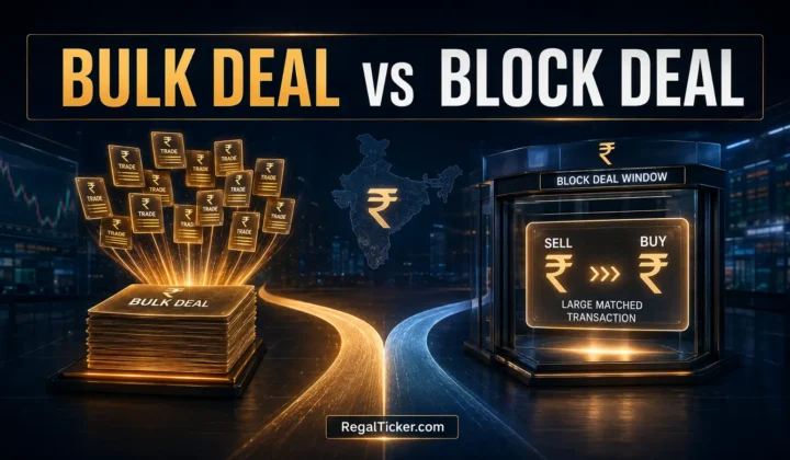 Bulk deal vs block deal in the Indian stock market shown as accumulated trades and one matched transaction