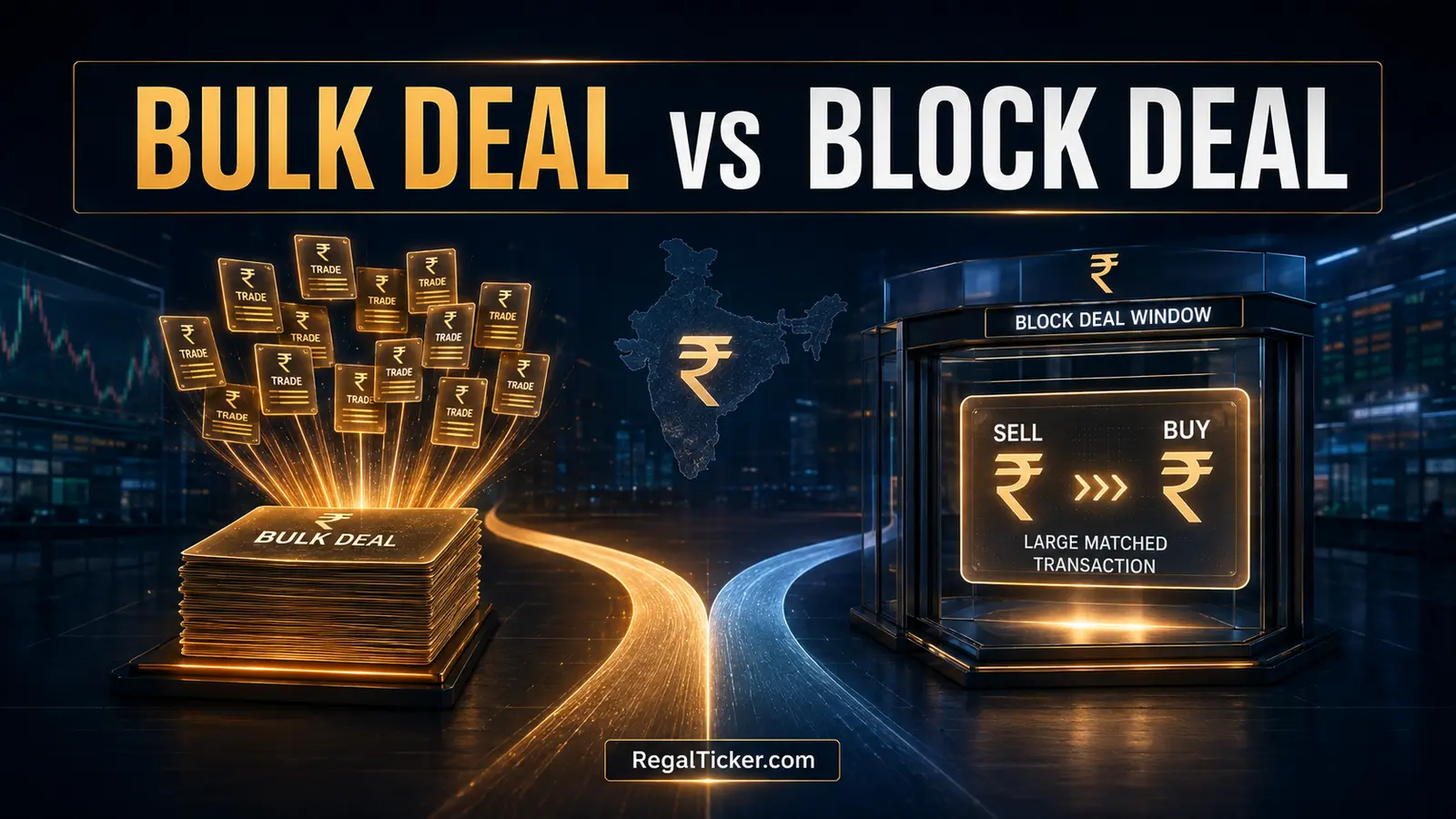 Bulk deal vs block deal in the Indian stock market shown as accumulated trades and one matched transaction