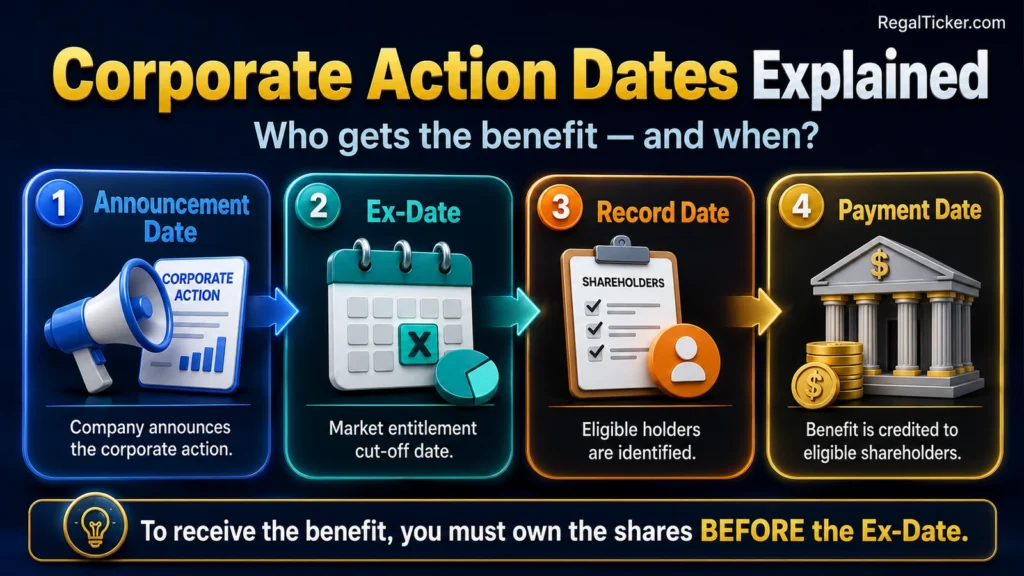 Corporate action dates explained through announcement date, ex-date, record date and payment date showing how shareholder eligibility and benefit delivery work