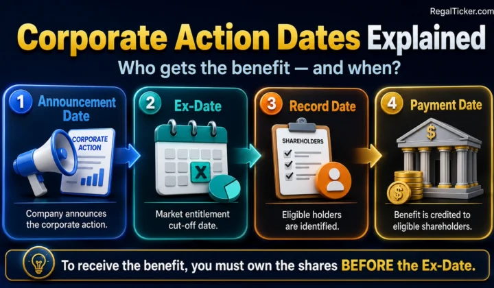 Corporate action dates explained through announcement date, ex-date, record date and payment date showing how shareholder eligibility and benefit delivery work